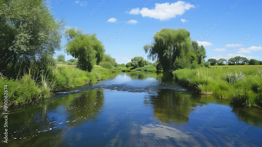A tranquil scene of a slow-moving river in the lowlands, bordered by willow trees and reflecting the blue sky above A tranquil scene of a slow-moving river in the lowlands, bordered by willow trees and reflecting the blue sky above