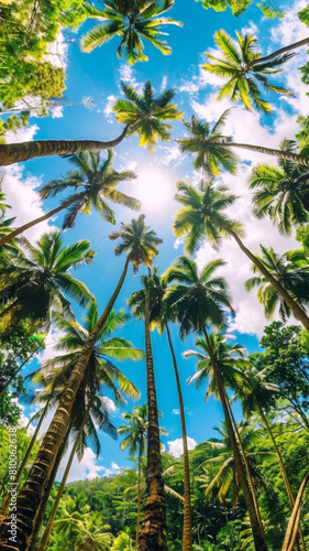 A beautiful tropical forest with palm trees and a clear blue sky