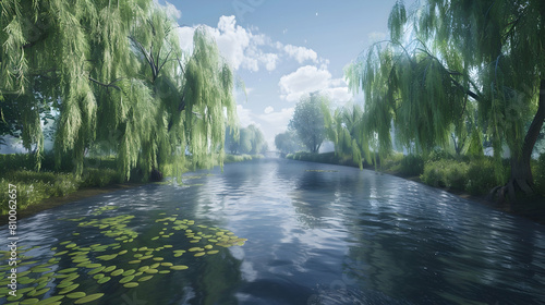 A tranquil scene of a slow-moving river in the lowlands, bordered by willow trees and reflecting the blue sky above photo