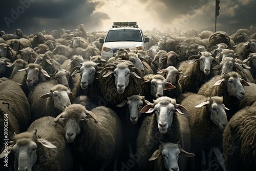 Vehicle is surrounded by a large herd of sheep on a country road under a dramatic sky photo