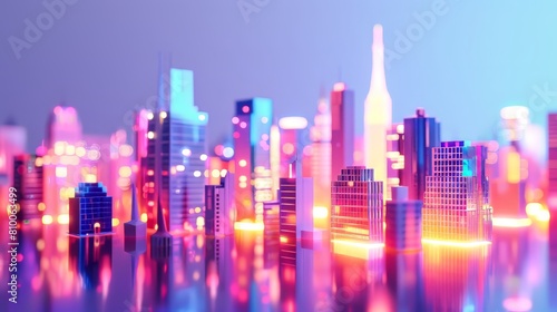 Bright neon cityscapes evoking a sense of fascination and intrigue against a minimalist white surface