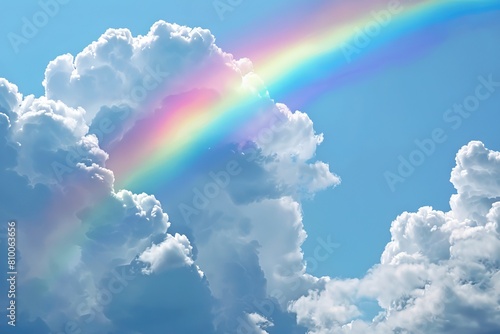 Bright rainbow against a backdrop of fluffy cumulus clouds on a transparent white background, evoking a sense of wonder