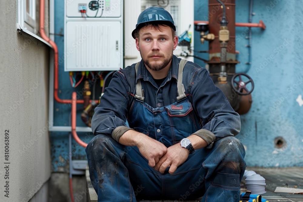 Technician sitting by industrial pipes Technician sitting by industrial pipes