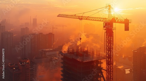 A crane is seen in the sky above a city with a smoggy haze