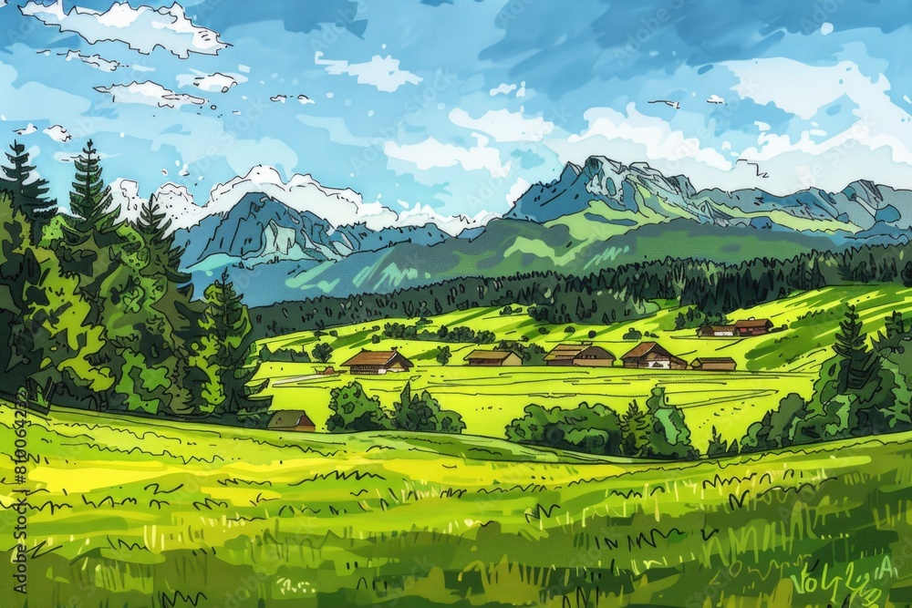 A serene painting of a green field with a majestic mountain in the background. Ideal for nature lovers and landscape enthusiasts