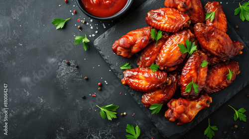 Grilled sticky chicken wings garnished with parsley and served with ketchup on slate plate. photo