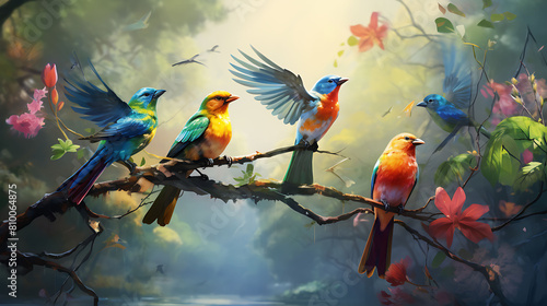 A flock of colorful birds taking flight from a tree branch, painting the sky with their vibrant wings in the jungle. photo