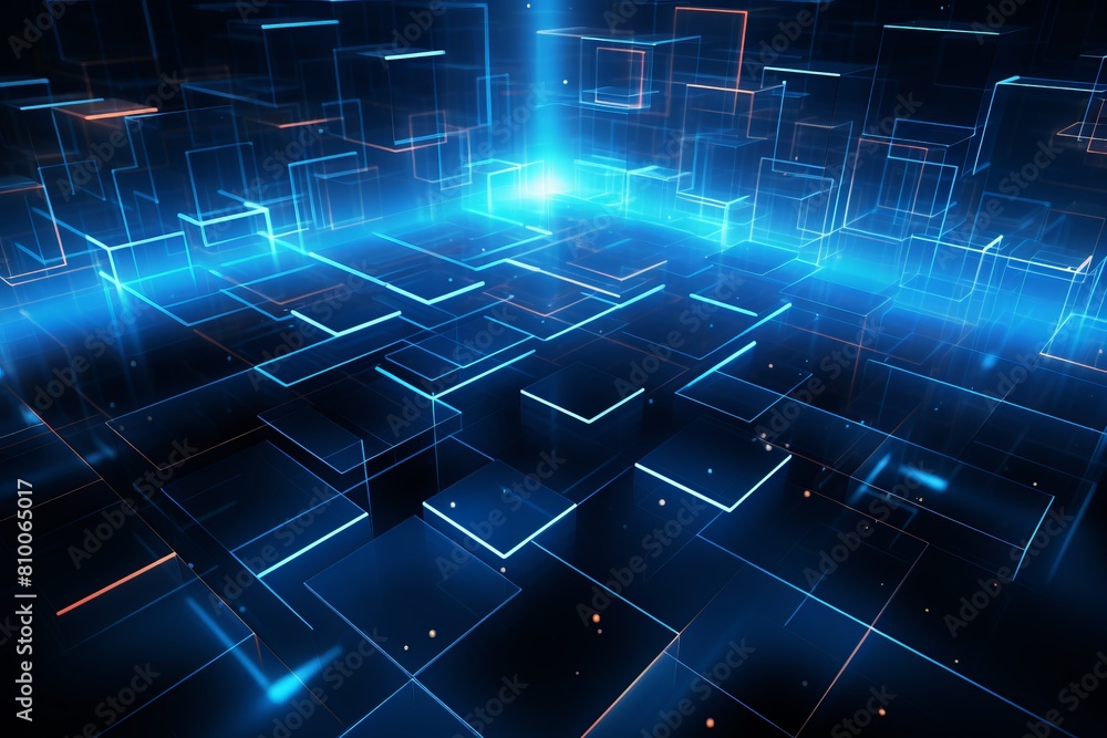 glowing blue grid of cubes with a bright light in the center glowing blue grid of cubes with a bright light in the center
