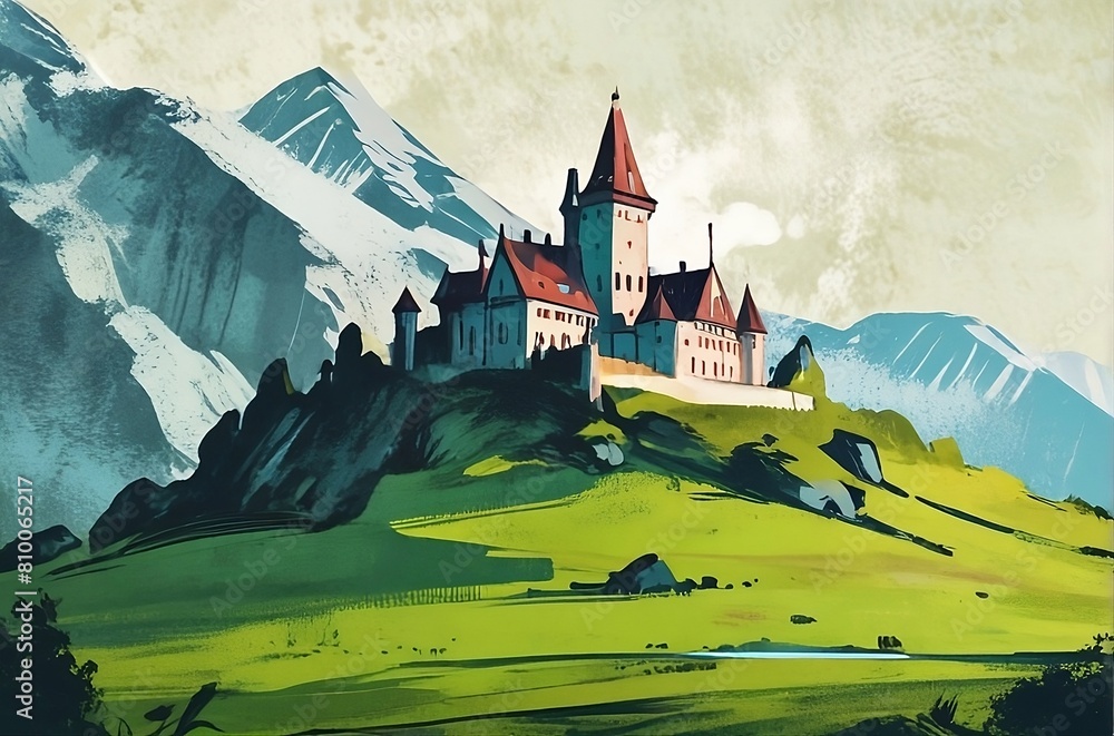 Beautiful fairy tale castle in green pastures and hills. Illustration. Generative AI