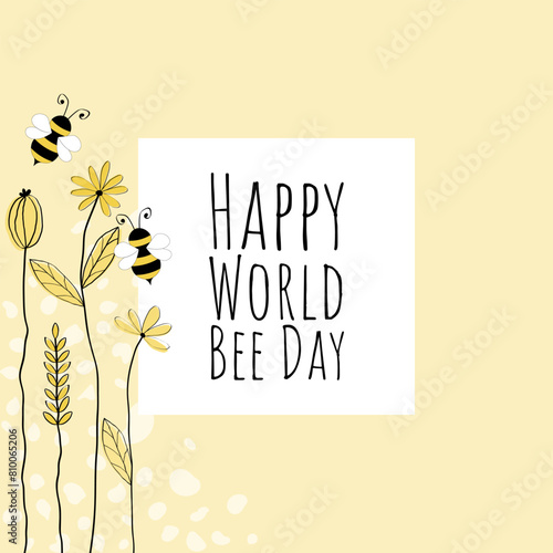 Happy World Bee Day - Schriftzug in englischer Sprache -  Schönen Weltbienentag. Quadratisches Poster mit Bienen und Blumen auf einem gelben Rahmen.