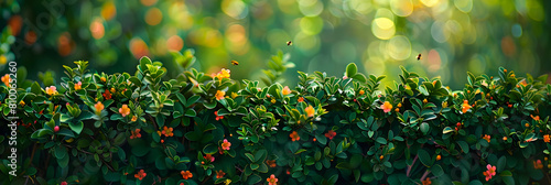A vibrant hedge in full bloom with small flowers, bees buzzing around, captured with a macro lens to emphasize the interaction of nature photo