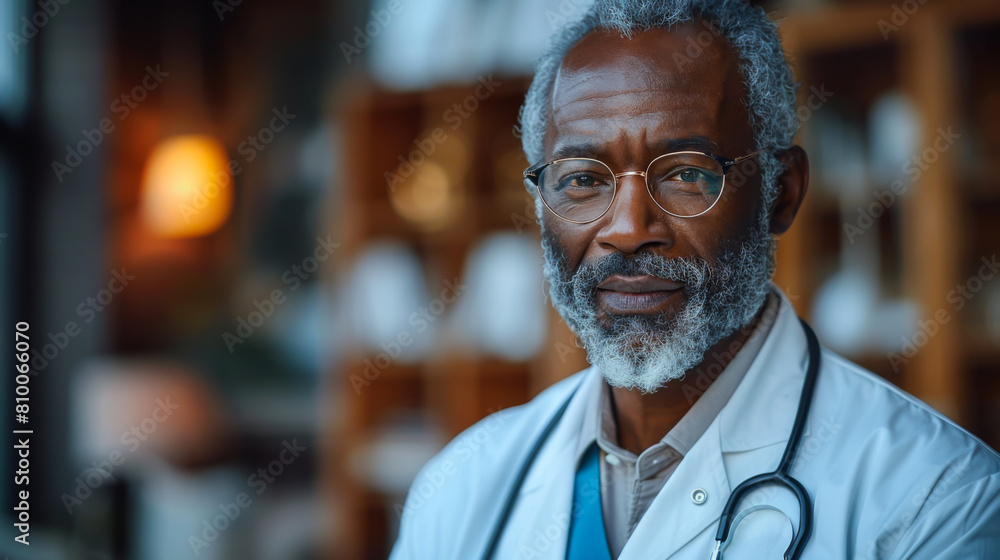 An adult general practitioner takes an appointment in a hospital. A gray-haired African-American doctor works in a cell, standing in the corridors of the ward. An adult general practitioner takes an appointment in a hospital. A gray-haired African-American doctor works in a cell, standing in the corridors of the ward.