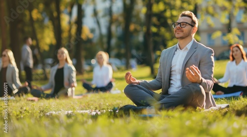 Fototapeta Naklejka Na Ścianę i Meble -  A man is sitting in a park with a group of people. He is wearing glasses and a suit. The people around him are also sitting and meditating