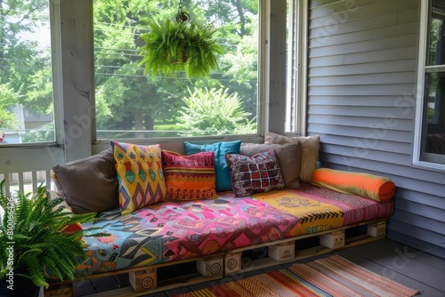 A cozy pallet daybed with colorful cushions for your reading nook photo