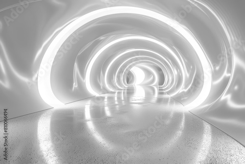 Abstract tunnel background with white glowing neon light lines and futuristic. High speed train on road. Technology wallpaper. Backdrop