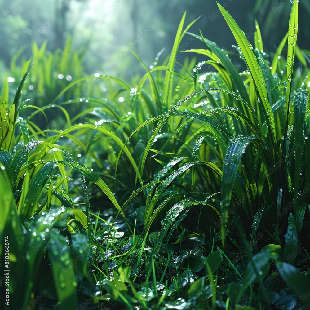 Obraz premium close up of green nature, texture background, some water drops, flat vector illustration