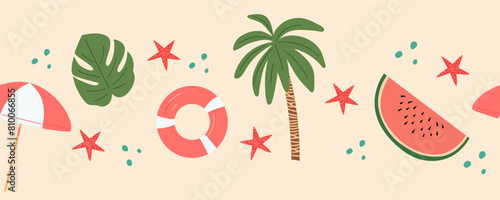 Summer horizontal seamless border. Beach banner with palm, umbrella and rubber ring.