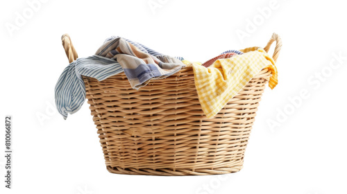 Laundry basket clean clothes cleaning chores housework, clean clothes and Wicker basket with clean laundry isolated on white background 