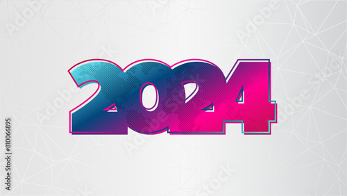 2024 year symbol with world map contour. Pink blue gradient infographic symbol. Abstract triangle gray background. Vector sign for web design, business, finance, presentation. Polygon network pattern