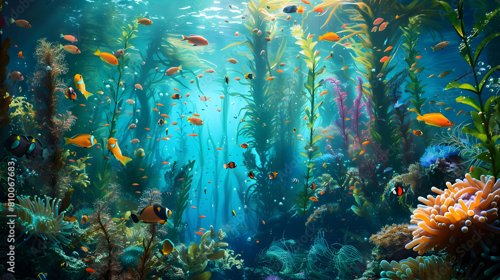 Naklejka premium A vibrant underwater tableau of a kelp forest teeming with colorful fish, anemones, and other marine life, all thriving in the nutrient-rich ecosystem