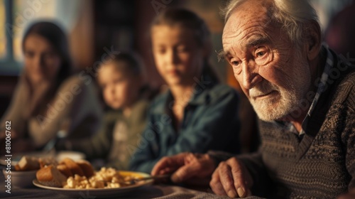 The close up picture of the family is eating the dinner together with enjoyment and happiness, the close up portrait of the grandfather eating the dinner with children and family by warm light. AIG43. © Summit Art Creations