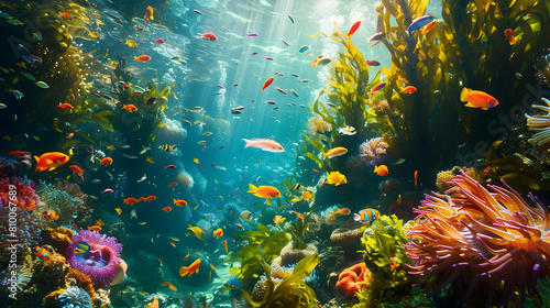 A vibrant underwater tableau of a kelp forest teeming with colorful fish, anemones, and other marine life, all thriving in the nutrient-rich ecosystem © Muhammad