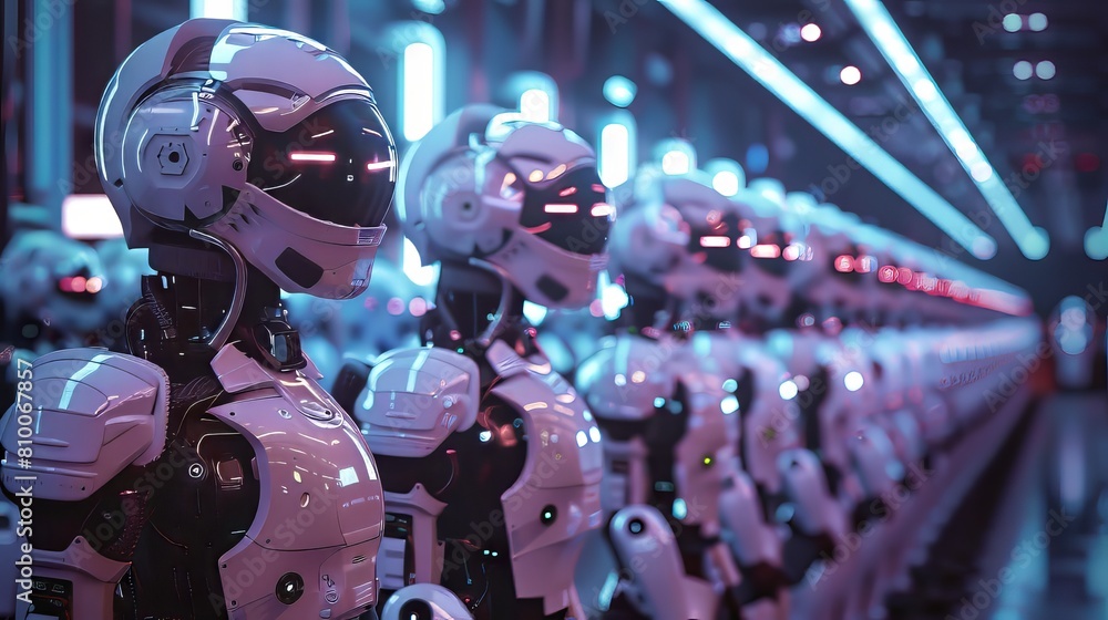 A line of robots stand in a row, all wearing white helmets. The robots are all identical and appear to be part of a larger group A line of robots stand in a row, all wearing white helmets. The robots are all identical and appear to be part of a larger group