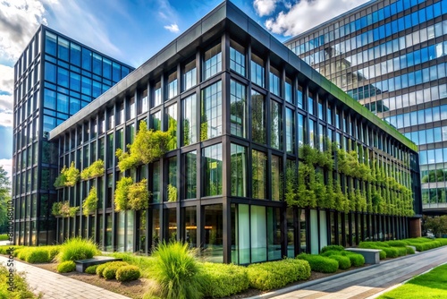 Modern urban ecology. Reducing carbon dioxide emissions in the city. An environmentally friendly stylish building with planted green plants to normalize the oxygen content in the air.