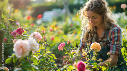 Fototapeta Naklejka Na Ścianę i Meble -  young woman in the garden working on her roses, cottage core summer time
