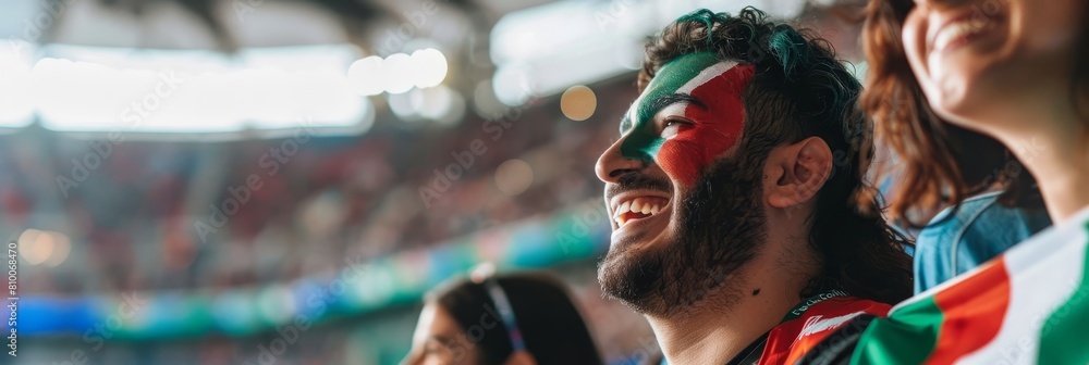 Enthusiastic Supporters Celebrating at a Sporting Event with Italian Flag Face Paint