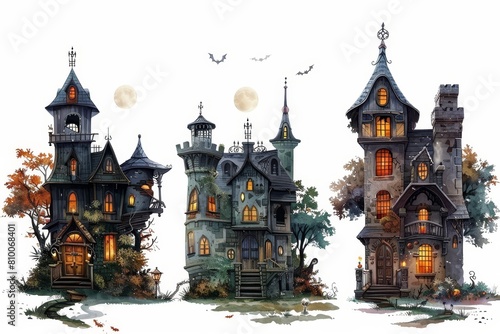 Enchanting Haunted Villas in the Autumn Twilight Spooky Gothic Mansions and Castles with Pumpkins and Bats © Mickey
