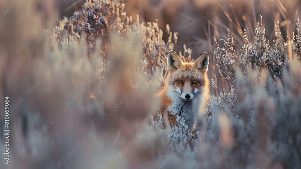 A wildlife scene with a fox hiding among the heather in a heathland, captured in the soft light of dawn A wildlife scene with a fox hiding among the heather in a heathland, captured in the soft light of dawn