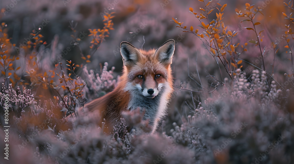 Naklejka premium A wildlife scene with a fox hiding among the heather in a heathland, captured in the soft light of dawn