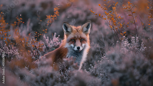A wildlife scene with a fox hiding among the heather in a heathland, captured in the soft light of dawn © Muhammad