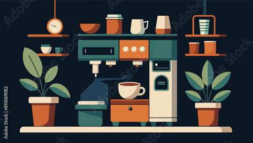 Modern Kitchen Interior with Coffee Machine and Plant Decor