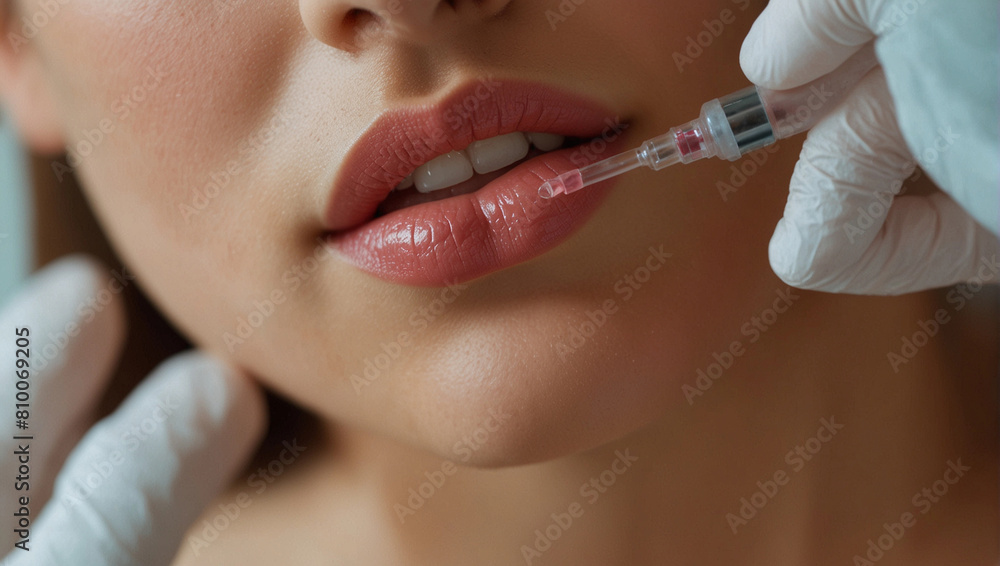 Generative Ai, salon advertisement lips after augmentation procedure, cropped female lips shape using fillers Generative Ai, salon advertisement lips after augmentation procedure, cropped female lips shape using fillers