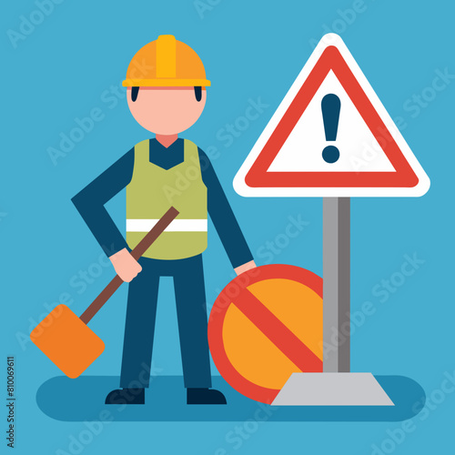 Construction worker with helmet vector illustration. There is no road, road builder or adjuster showing a road sign