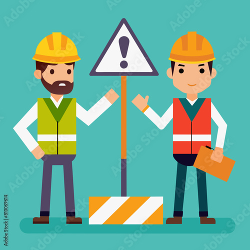Construction worker with helmet vector illustration. There is no road, road builder or adjuster showing a road sign