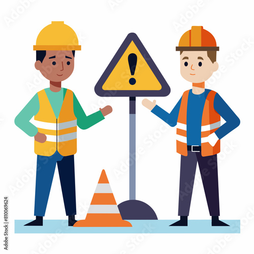 Construction worker with helmet vector illustration. There is no road, road builder or adjuster showing a road sign