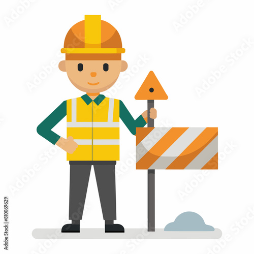 Construction worker with helmet vector illustration. There is no road, road builder or adjuster showing a road sign