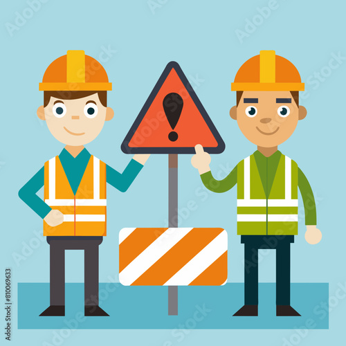 Construction worker with helmet vector illustration. There is no road, road builder or adjuster showing a road sign