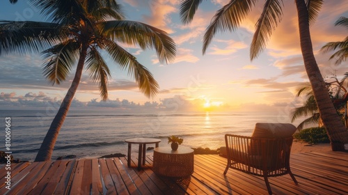 beach sea view palm trees Dawn sun © Olha