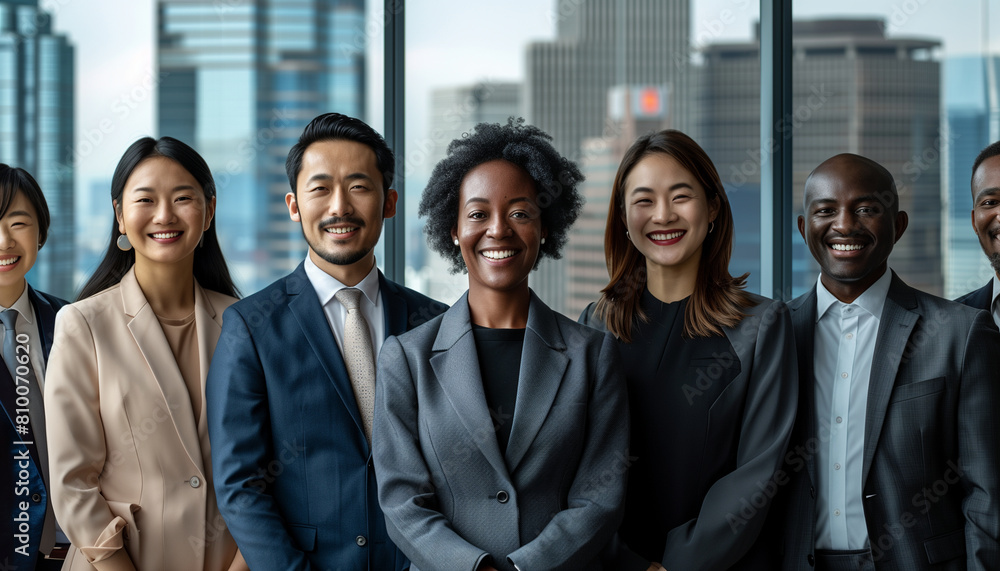 capturing a team of businesspeople from various ethnic backgrounds, smiling and looking at the camera, with a modern office cityscape through the window behind them, Diverse team, capturing a team of businesspeople from various ethnic backgrounds, smiling and looking at the camera, with a modern office cityscape through the window behind them, Diverse team,