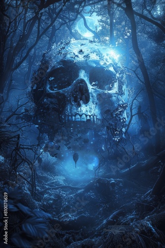 Mystical Skull in Enchanted Forest Under Moonlight 