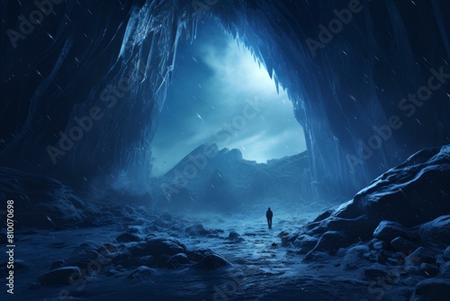 Traveler ice cave. Natural beauty. Generate Ai photo