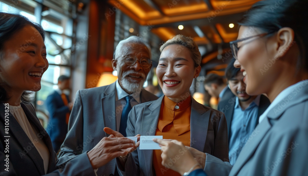 of a medium shot showing a diverse group of professionals exchanging business cards in a well-lit conference room, highlighting the moment of networking, conference, meeting, busin