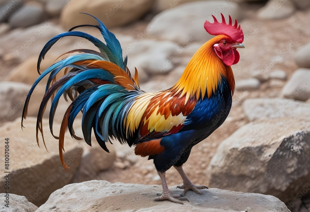 A colorful rooster standing on a rocky surface, with its vibrant feathers and distinctive crest