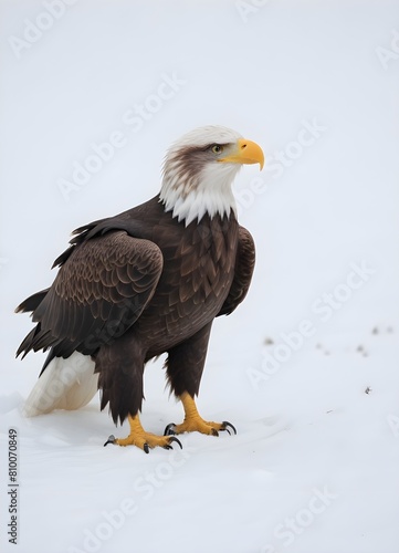 A bald eagle perched on a snowy surface  with its wings partially spread and its sharp beak visible