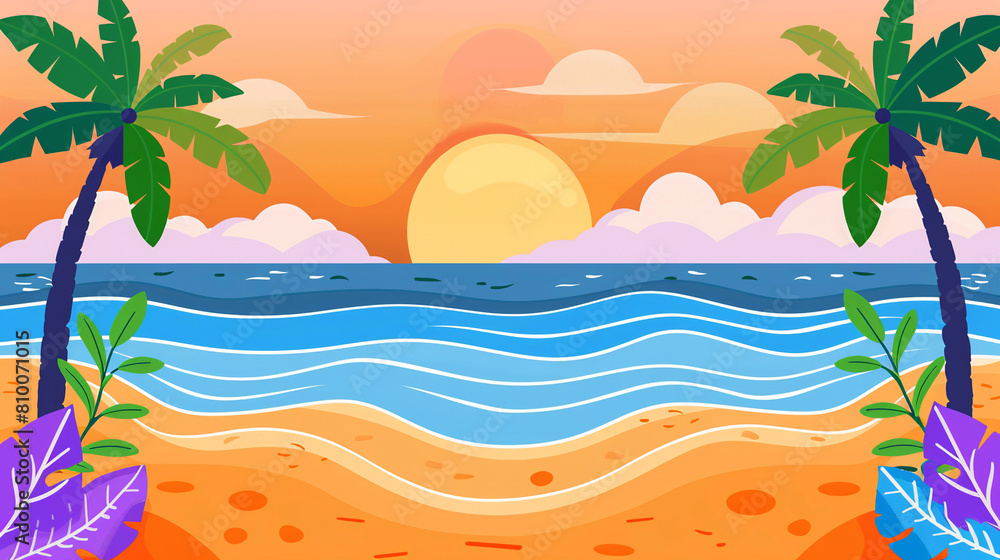 Fototapeta premium Tropical sandy beach, wavy ocean, palm trees, cloudy sky with sun. Bright summer background.