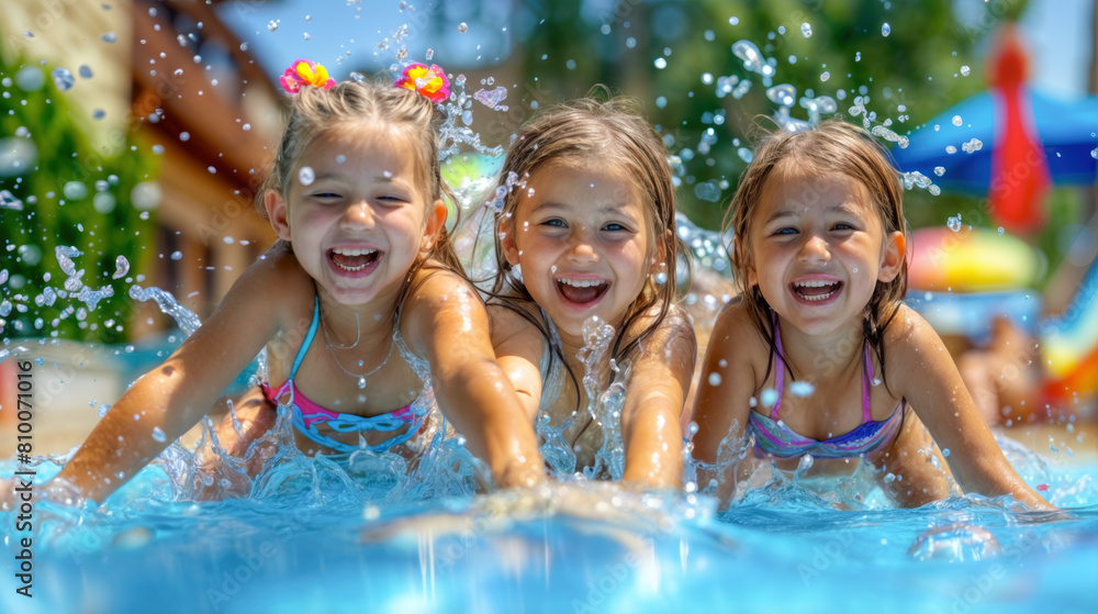 Happy joyful little girls enjoying a fun time in swiiming pool at a hot summer day. Summer vacation concept